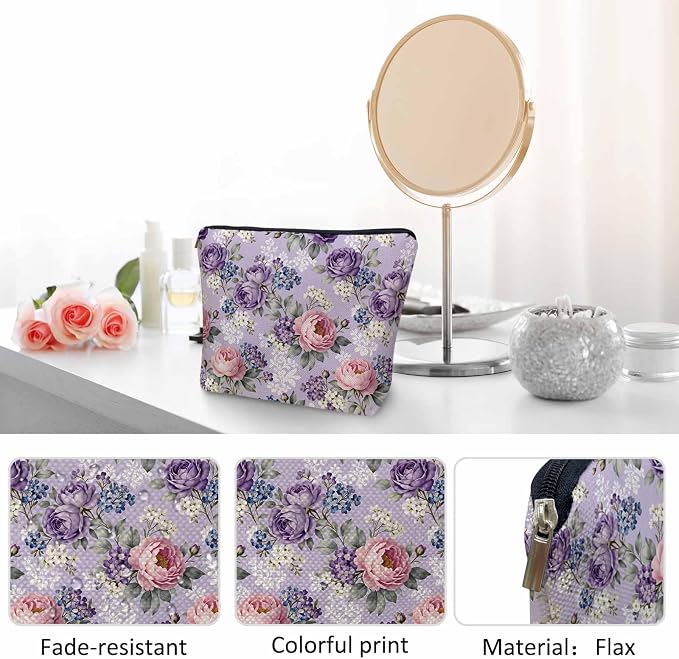 Rose Purple Makeup Bags Makeup Organizer, Vintage Blossom Flowers Rose Flax Toiletry Bags Travel Cosmetic Bag Makeup Purse Pouch Skincare Bag Wallet Bags For Women Female Mom Daughter - Image 5