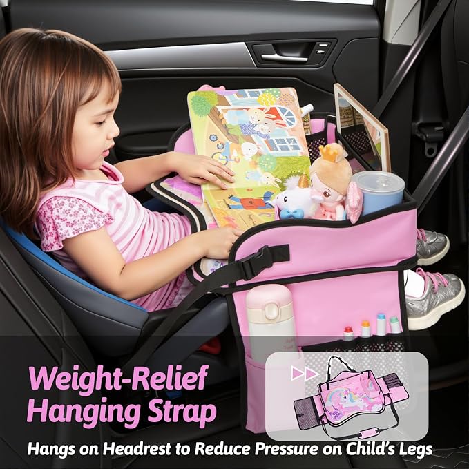 Kids Travel Tray for Car, Girl's Safety Seat Table | Weight-Relief Strap, Non-Skid Silicone Base, Waterproof Dining/Craft Mat, Carseat/Airplane Lap Desk - Image 2