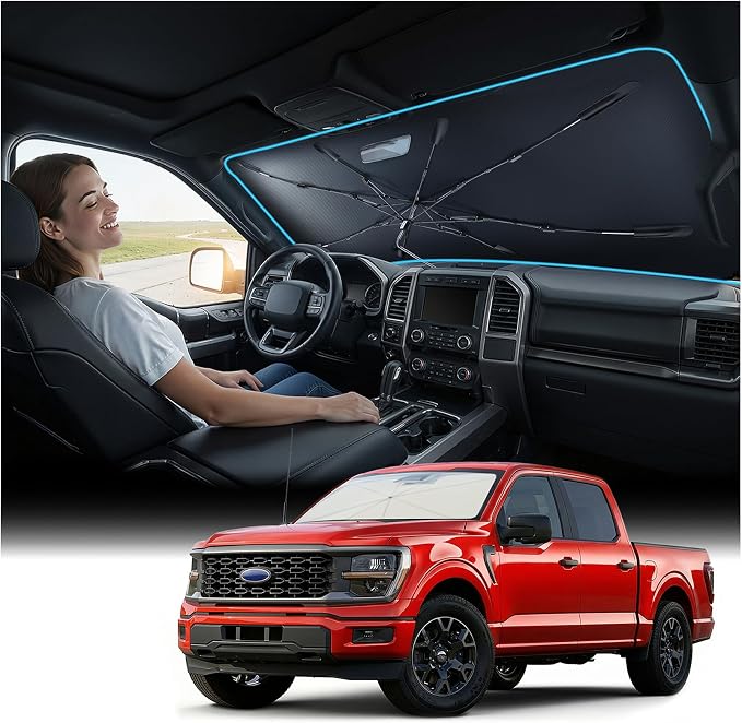 Nmoiss [Vinyl Coating Heat Shield] Windshield Sun Shade Umbrella, Compatible with Ford F150 F250 F350 All Models, F-Series Truck Accessories to Block UV Rays, Reduce Heat & Protect Interior by Nmoiss