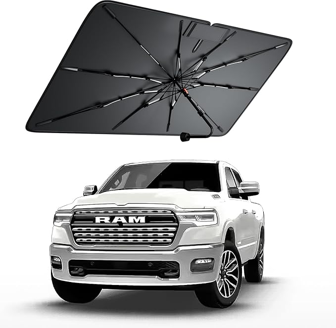Windshield Sun Shade for Ram 1500 2011–2026 | Foldable Umbrella Sunshade with 100% UV Block, Multi-Layer Heat Insulation, Keeps Car Cooler, Summer Car Accessory by Amadaw