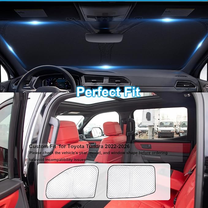 KMF 6pcs Thicken Sun Shades for Toyota Tundra 2022-2025 2026 Accessories, Custom Fit Tundra Sunshade Full Car Window Covers for Windshield Side Rear, UV Block and Privacy Blackout for Camping Outdoor - Image 4