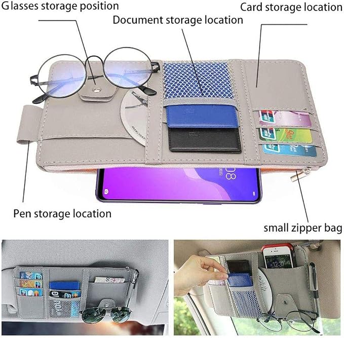 Gray Car Sun Visor Organizer, Multi-Purpose Auto Document Storage Accessory | Visor accessories multi-slot design stores docs, cards & sunglasses, slim fits all vehicles without obstructing sight - Image 3