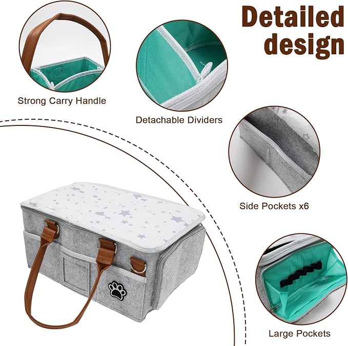 Felt Dog Grooming Bag,Portable Tote Bag for Dogs Cats,Dog Storage Organizer for Grooming Tool Kit,3 Compartments Pet Stuff Oganizers with 8 Pockets-Grey - Image 2