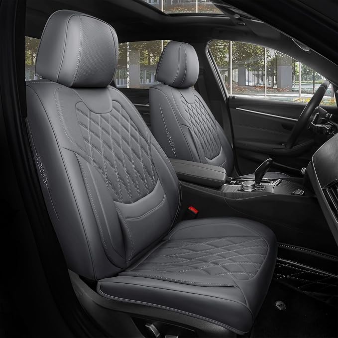 FREESOO Front Seat Covers Faux Leather Waterproof Universal Fit Grey | faux leather front seat covers, breathable waterproof, lumbar support, universal fit sedans hatchbacks pickups by FREESOO