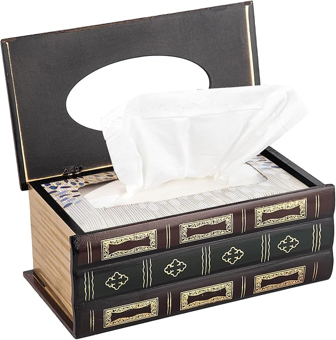 Crafted Classical Retro Wooden Antique Book Tissue Box Cover Rectangular Tissue Holder Dispenser Paper Cover Case Napkin Holder Home Decor for Bathroom Living Room Office car Kitchen (Red) - Image 2