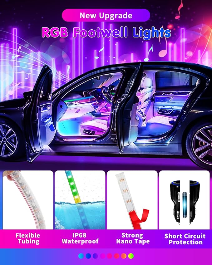DUOFU365 Car Led Light Interior, RGB Dreamcolor Inside Light Music Sync | Under Dash Footwell Automotive Strip Light, 12V Acrylic Strip Light for Vehicle, Truck,Jeep, SUV with Car Charger(1set) - Image 4
