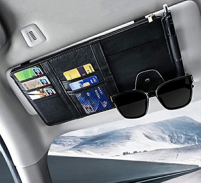 Black Car Sun Visor Organizer, Document Storage Pocket Interior Accessory | Visor accessories multi-slot design stores docs, cards & sunglasses, slim fits all vehicles without obstructing sight - Image 4