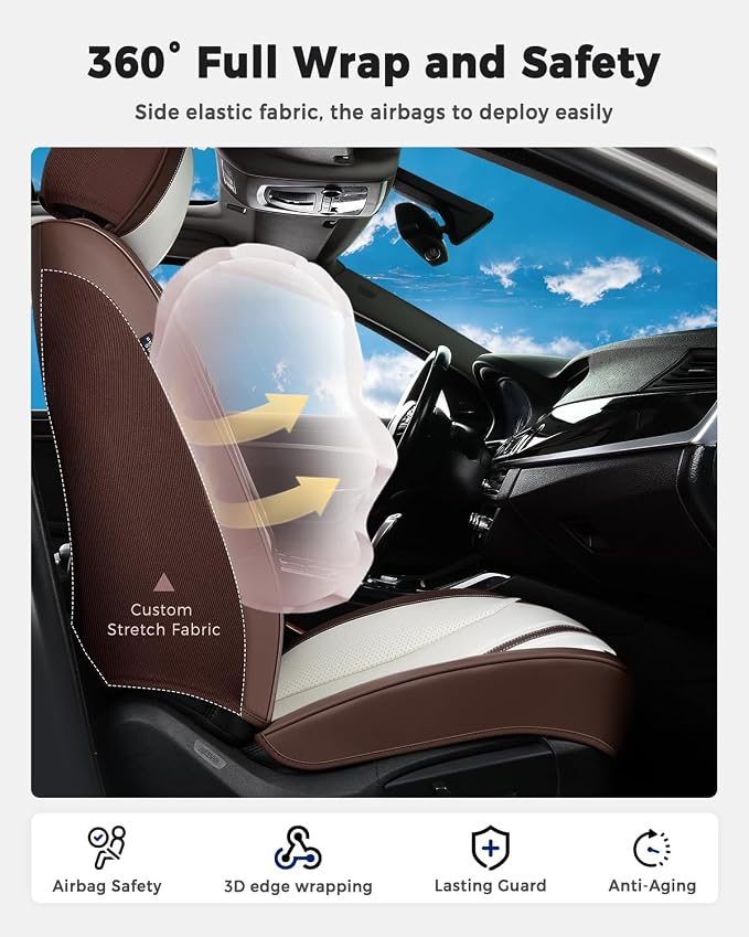 Huidasource Coffe White Front Seat Covers Luxury Faux Leather Front Car Seat Cover, Compatible with Airbags, Seatbelt Buckles, Perforation, Cooling＆Heating Universal Fit for Most Cars Vans Trucks SUVs - Image 3