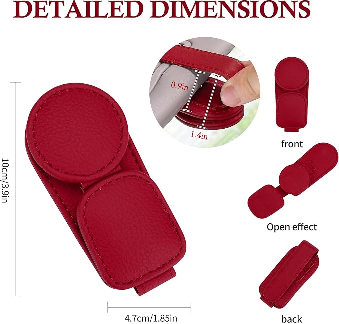 KIWEN 2 Pack Sunglasses Holder for Car Visor, Magnetic Leather Sunglass Eyeglass Hanger Clip for Car Sun Visor Accessories (2, Red) - Image 5