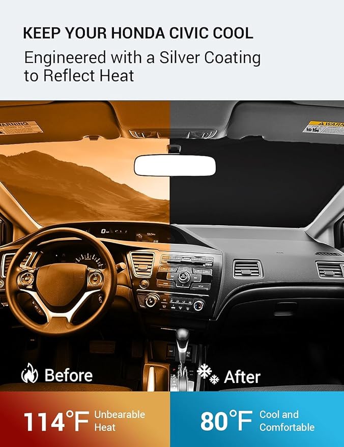 Proadsy Custom Fit 2012-2015 Honda Civic Windshield Sun Shade, Blocks Heat | 240T Heat Shield, Drops Temp 54°F, Blocks 99% UV, Prevents Dashboard Cracking, Summer Parking & Beach Trips, Easy Twist-Fold - Image 3