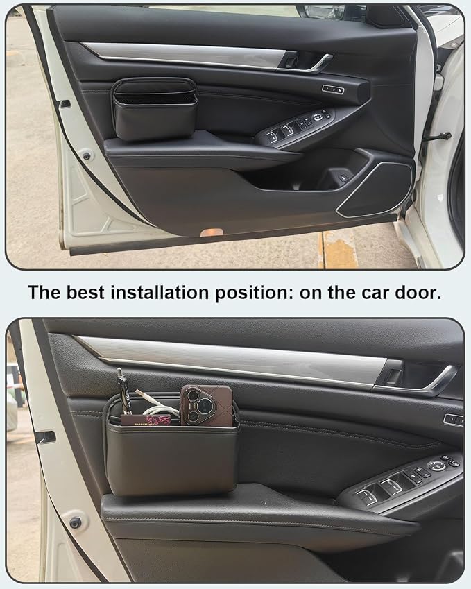 Car Seat Side Pocket Organizer for Car Doors and Consoles, Off-Black | Reusable Adhesive Car Storage Bag, Holds phones keys wallet sunglass etc, Suitable for all vehicles, PU Leather - Image 3