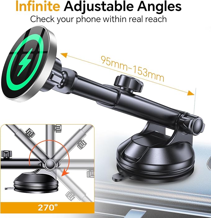 Coolpow for MagSafe Car Mount Charger【Ultra Magnet】 Magnetic Phone Holders for Your Car Charger【Windshield+Vent+Dash】 Magnetic Wireless Car Phone Holder Charger Car Mount for iPhone 17 (Gray) - Image 6