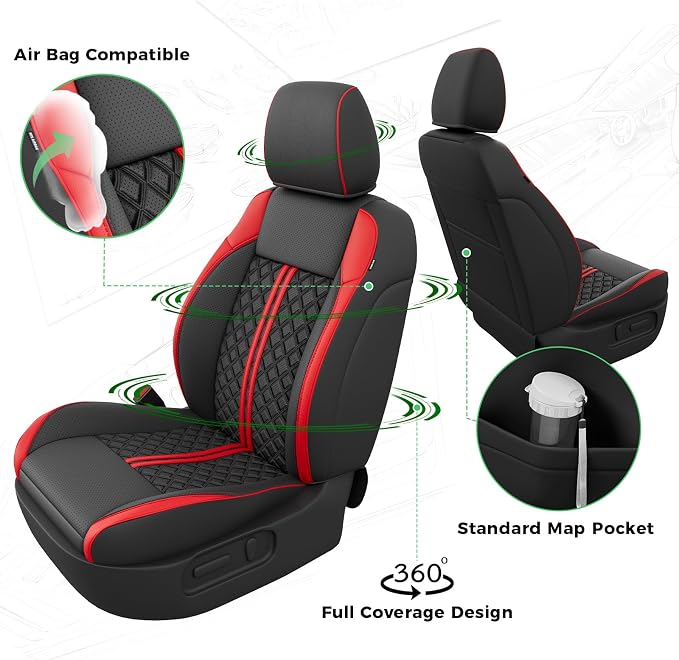 RIDEPOSH Custom Leather Seat Covers for Toyota Tacoma Double Cab 2016-2023 | full set, BKred, OEM fit, premium waterproof leather, anti-slip, extra pockets, long-term durability, airbag compatible - Image 4