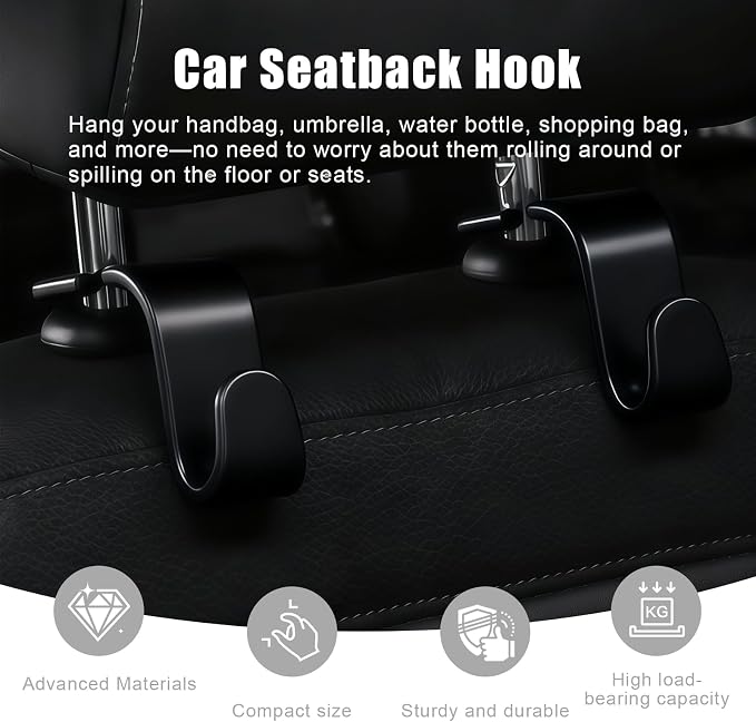 Purse Hook for Car, 4 PCS Car Purse Hook Headrest Hooks, 360° Rotatable Back Seat Storage Organizer, Universal Vehicle Seat Hanger for Purses, Handbags, Grocery Bags, Water Bottles, Black - Image 3