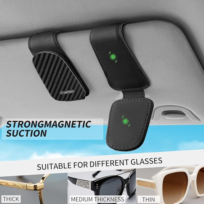T-carbon 2 Pack Sunglass Holder for Car Sun Visor | Magnetic Leather Glasses Holder,Carbon Fiber Sunglasses Holder and Ticket Card Clip,Car Accessories Interior,Glossy Black - Image 4