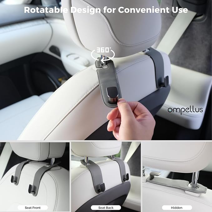 Car Headrest Hook, 2 Pack Leather Car Seat Hooks for Purses and Bags, Car Organization Accessories (Tan) | Sturdy Metal Core, Premium Leather Wrapped, Universal Fit for Most Vehicle Seat Headrest, 360-degree Rotation,Easy to Install - Image 5