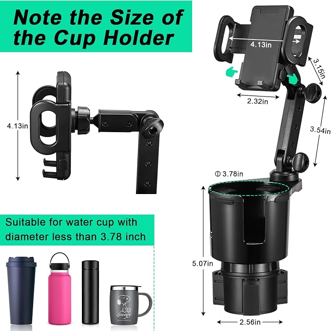 This Hill Car Cup Holder Expander Adjustable Base with Phone Mount 360° Rotation Cup Holder Cell Phone Holder for Car Compatible with iPhone All Smartphones - Image 3