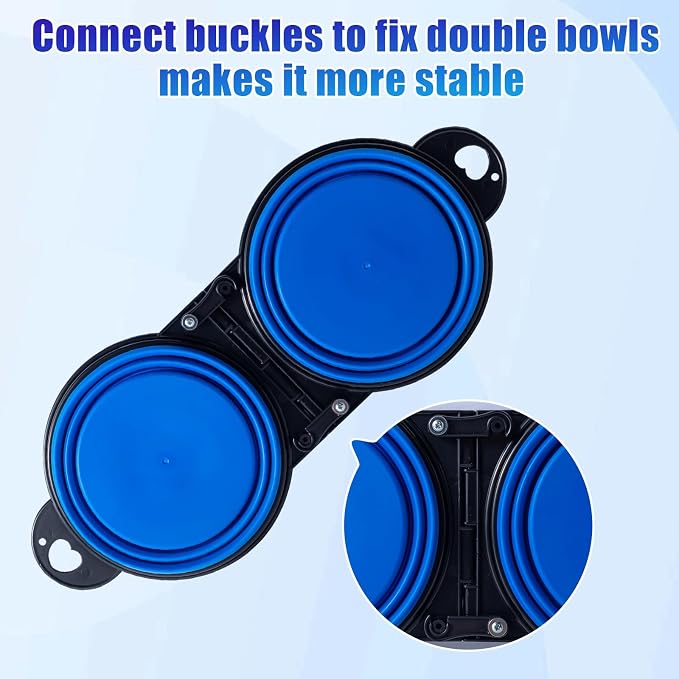 SLSON Collapsible Dog Dual Bowls Reinforced Rim 180 Degrees Flip Over Foldable Double Bowl with Lock Clips More Stable Dog Travel Bowls Pet Food Water Feeder (Blue) - Image 3