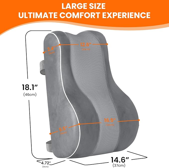 CloudBliss Lumbar Support Pillow, Memory Foam for Office, Light Gray | Ergonomic High-Density Memory Foam, Adjustable Straps, Washable Mesh Cover, Lower Back Support for Office, Gaming & Car Seat - Image 2