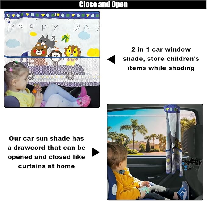 GLSOWEE Car Window Shade for Baby, Blackout Car Window Curtain, Animals | Storage Pockets & 7 Suction Cups, Cartoon Pattern Car Side Window Sun Shade Cover for Sun/Heat/UV Rays Protection, Blue - Image 5