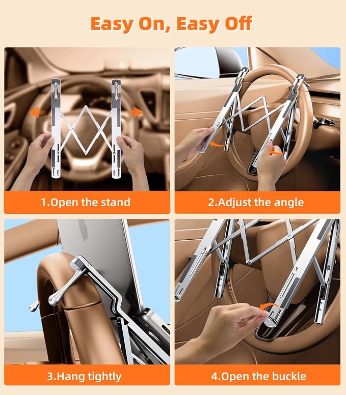Car Laptop Mount Steering Wheel Tray Holder, Height Adjustable Car Desk for Laptop Computer Tablet, Foldable Portable Lap Laptop Stand for Car Vehicle Workstation Accessories Truck SUV Tesla - Image 8