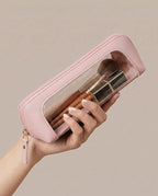 Clear Makeup Brush Bag Pouch,Waterproof PU Leather Portable Travel Makeup Bag with Transparent Window, Travel Essentials Pencil Case Organizer Pouch Car Accessories for Women Girls (Slim, Light Pink) - Image 2