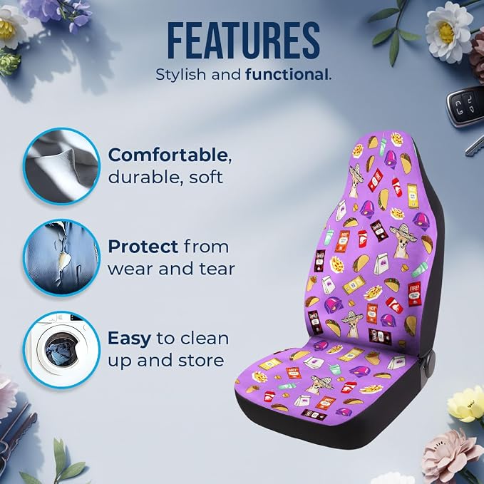 GENANY Taco Dog Car Seat Covers, 2-Piece Front Seat Set | 2-piece polyester front seat cover set, each 49.5 x 19.6 inches, with adjustable straps and hooks - Image 5