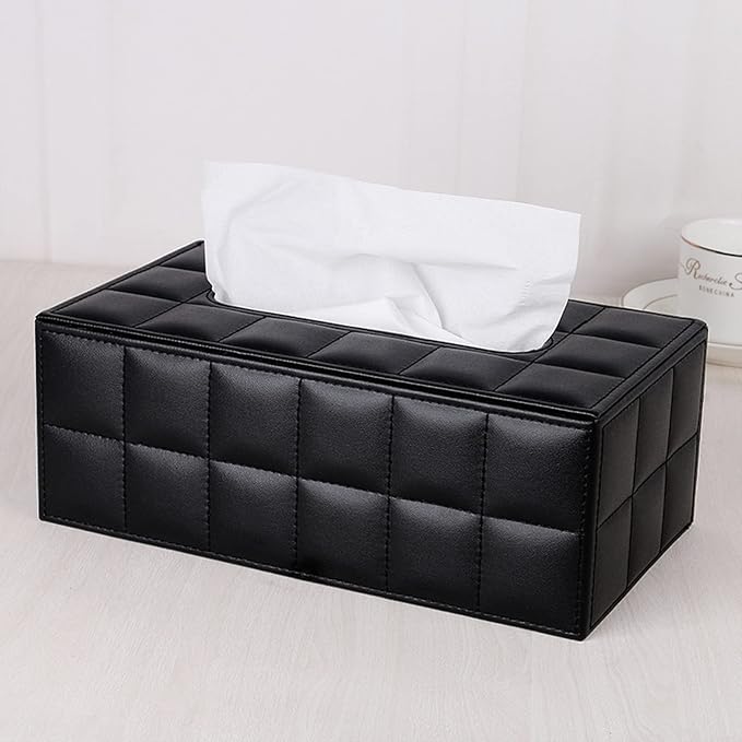 High-end Fashion PU Leather Tissue Box Holder Business Black, Rectangular Napkin Holder Drawer Paper Dispenser, Home Office Car Tissue Holder with Magnetic Bottom (Black Checkered) - Image 3