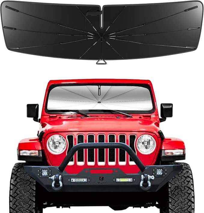 Pigenius Windshield Sun Shade Umbrella for Jeep Wrangler 2018-2026, Jeep Gladiator 2020-2026. Foldable Umbrella Sunshade with Silver Heat Shield to Keep Cool UDS by Pigenius