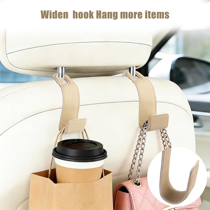 2-Pack Car Headrest Hooks, 1.1-Inch Wide Purse Hangers, Beige | Microfiber leather hooks with built-in metal cores keep purses, groceries and backpacks organized and within reach - Image 3