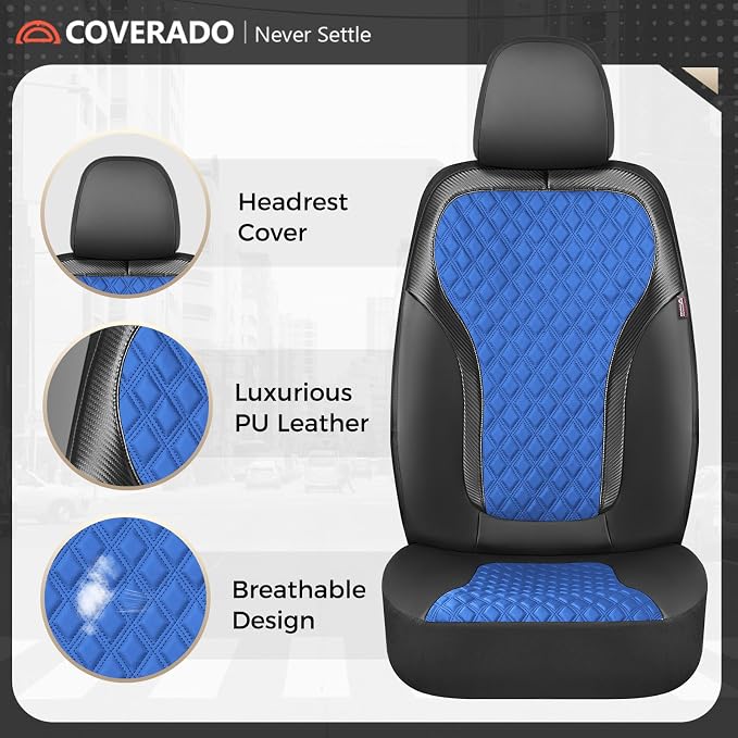 Coverado Seat Covers Full Set, Luxury Diamond Leather Car Seat Cover with Carbon Fiber Textured Design, Waterproof Car Seat Protector, Black&Blue Front and Rear Seat Covers Universal Fit Most Cars - Image 2