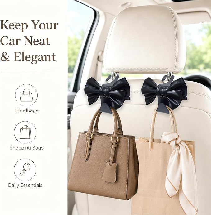 2 Pack Car Purse Hooks, Headrest Hooks for Cars, black | Car Bag Hanger for Groceries, Coats, Umbrellas and Daily Essentials, Bow-Shaped Car Interior Organizer for Handbags and Bags - Image 3