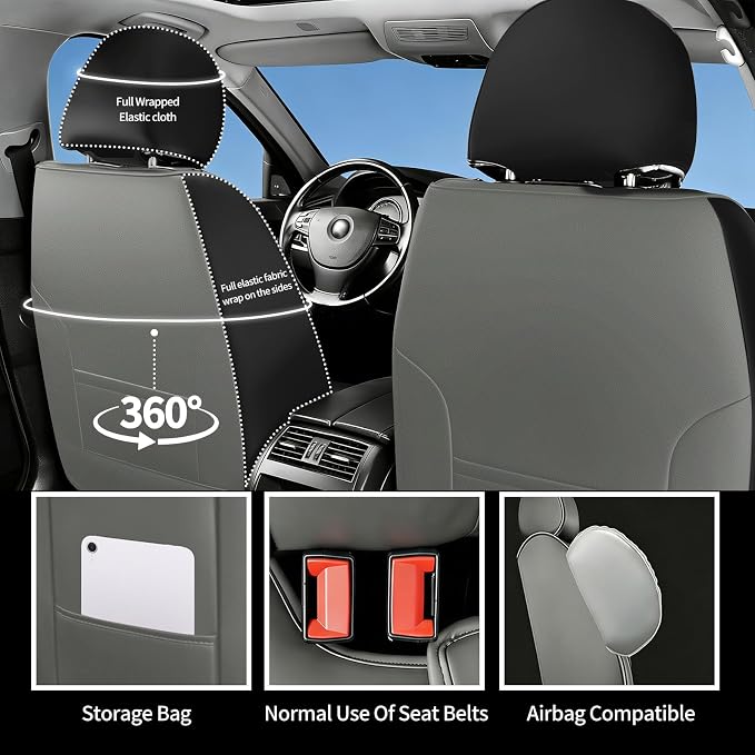 Fit for Camry Seat Covers Compatible with Toyota Camry 2012-2025 2026 - Waterproof Breathable Leather Automotive Seat Cushions Protector, Airbag Compatible,Only 2 Front seat Covers(Gray) - Image 5