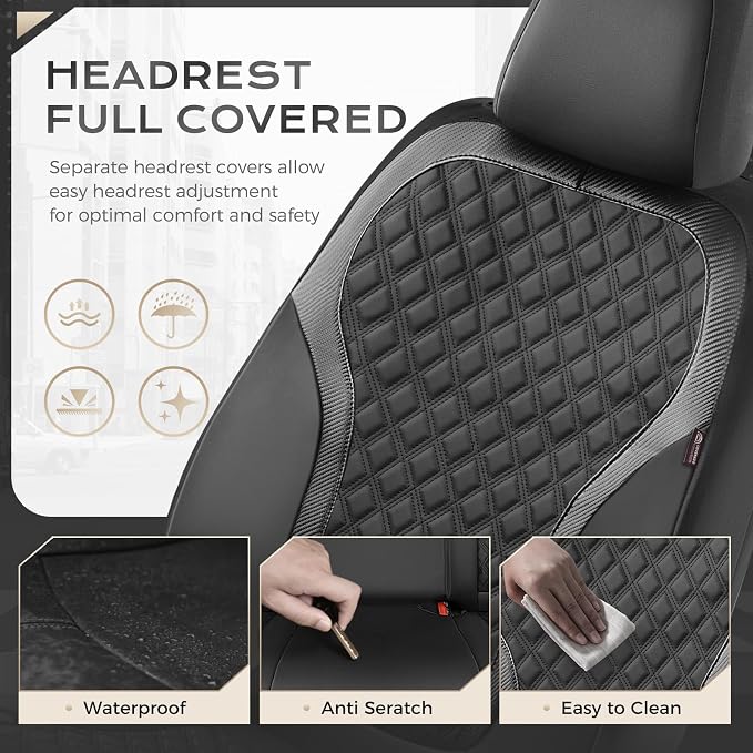 Coverado Front Seat Covers, 2-Pack Luxury Diamond Leather Car Seat Cover with Carbon Fibre Weave, Spill-Proof Driver Car Seat Protectors, Waterproof Seat Covers Universal Fit for Most Cars, Black - Image 4
