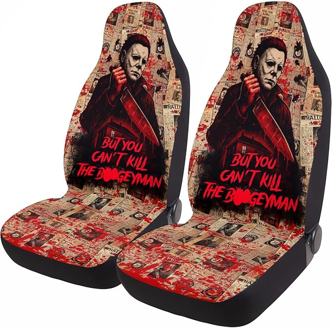 GENANY White Horror Mask Car Seat Covers, 2-Piece Front Seat Set | 2-piece polyester front seat cover set, each 49.5 x 19.6 inches, with adjustable straps and hooks by GENANY