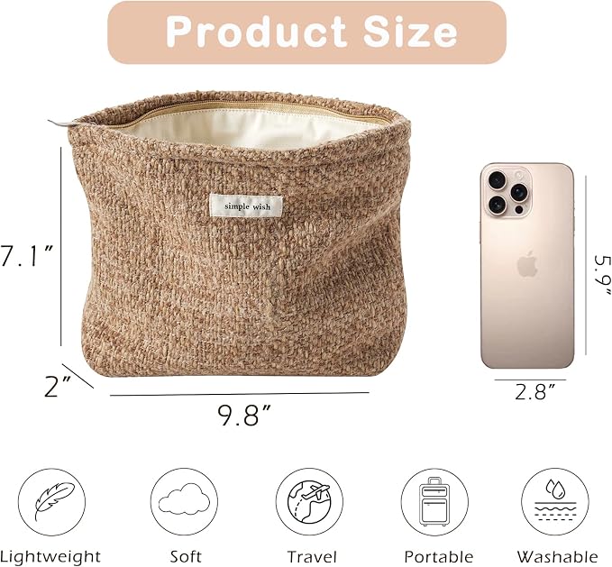 RSRSLEII Travel Woven Woolen Makeup Bag, Vintage Toiletry Bag(04Brown Wool) | Aesthetic Portable Cosmetic Bag with Zipper, Cute Makeup Pouch with Canvas Lining, Car Storage Bag for Women and Girls - Image 3