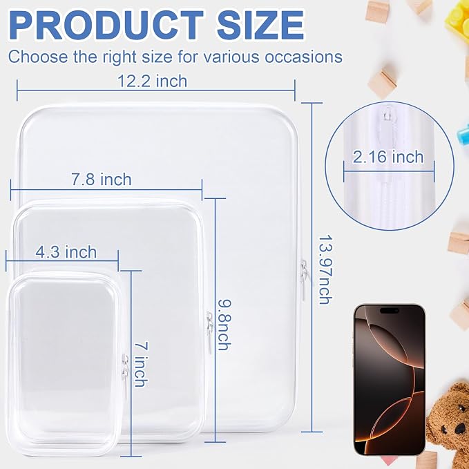 YOPCDJ Clear Hard Shell Zipper Case, Clear Zipper Pouches Waterproof Makeup Organizer & Travel Toiletry Storage Bag, Plastic Pouch for Office, Home, White,3 Pack XL LS - Image 2