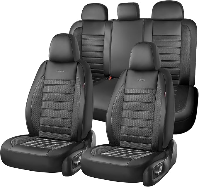 Coverado Car Seat Covers Full Set, Luxury Leather Car Seat Covers, Automotive Front and Rear Mesh Seat Covers, Full Set 5 Seats, Black Seat Covers for SUV Sedan Truck by COVERADOAUTO
