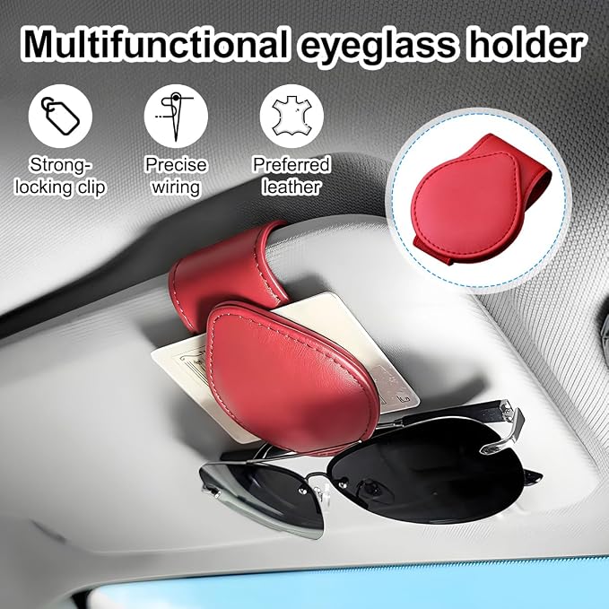 Sunglasses Holder for Car Visor, Magnetic Leather Sun Visor Eyeglasses Hanger & Ticket Card Clip, for Most Cars - Image 4