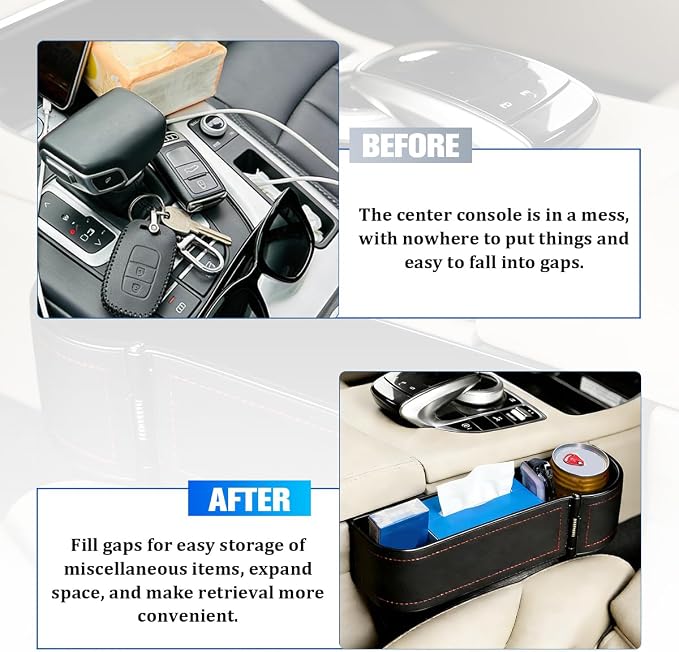 Car Seat Gap Filler Organizer with Cup Holder Expander, Leather Console Seam Filler Storage Box, Auto Front Seat Gap Organizer for Phones Keys Glasses, Universal Fit (Black/Red Passenger) - Image 6