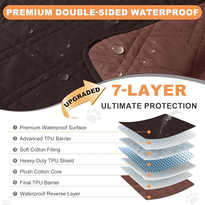 100% Waterproof Washable Dog Blanket，Chocolate+Coffee 52"x82" | ,7-Layer Reversible Couch Covers for Dogs Met for Sofa Furniture Car Camping - Image 2