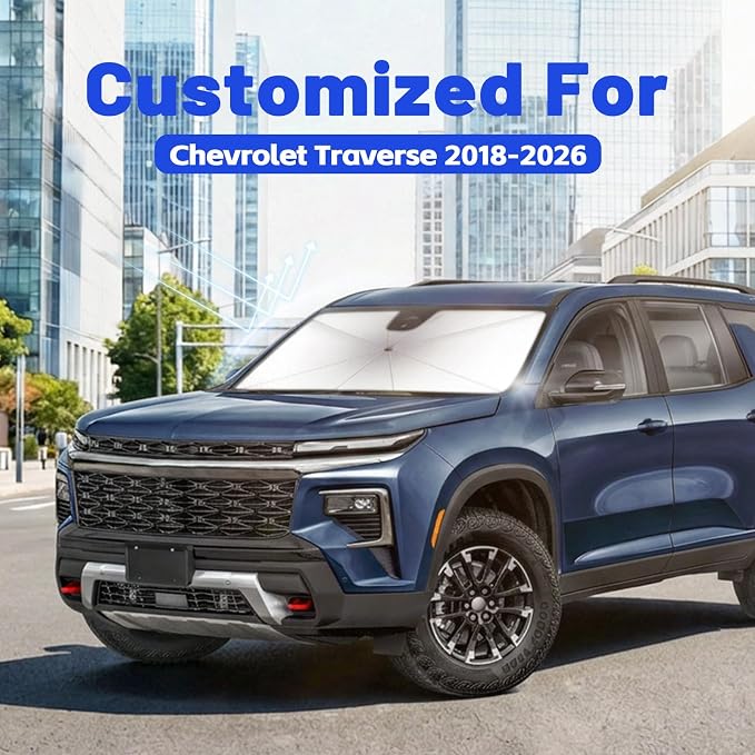 Car Windshield Sun Shade Umbrella for Chevrolet Traverse 2018-2026, 1:1 Fit | [Reflective Coated Fabric] Car Shades Sun Visor Keep Car Cool and Protects Interior, Sunshade Umbrella for Front Window - Image 2