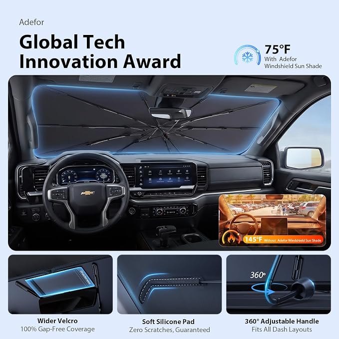 2026 Upgraded Windshield Sun Shade Umbrella for Ram 1500 [Precision Custom Fit, Superior UV & Heat Block] Cooling Tech Fabric, Durable Foldable with Storage Bag, Fits 2011-2025 - Image 5