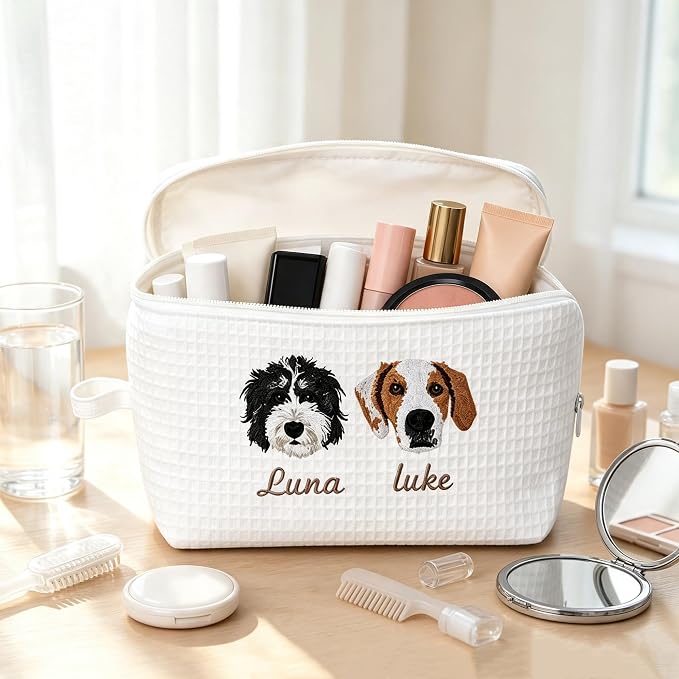Personalized Pet Photo Embroidered Cosmetic Bag Custom Dog Cat Portrait Makeup Pouch for Women Cute Gift for Pet Lovers Mother's Day Birthday Compact Travel Toiletry Organizer with Zipper - Image 3