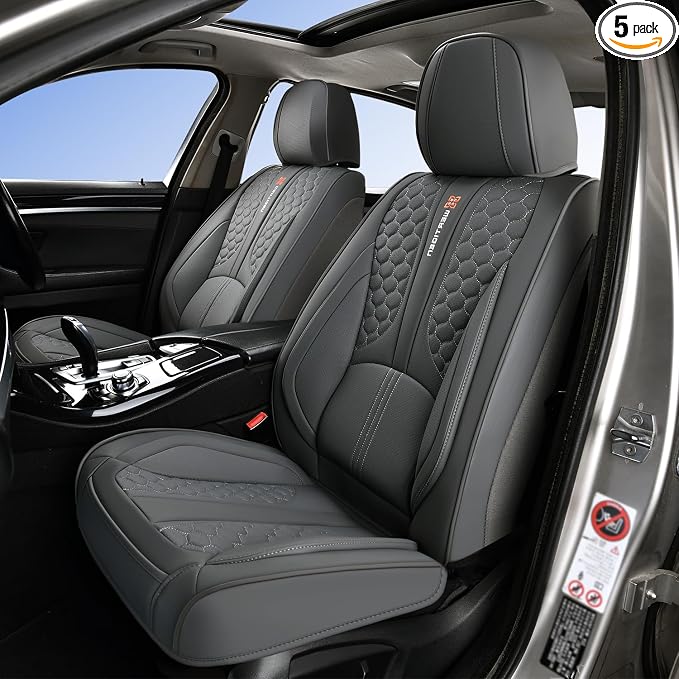 Full Set of Dark Gray Genuine Leather Seat Covers, Universal Fit | Four-Layer Anti-Slip Design with Lumbar Support by WertigenCarSeatCovers