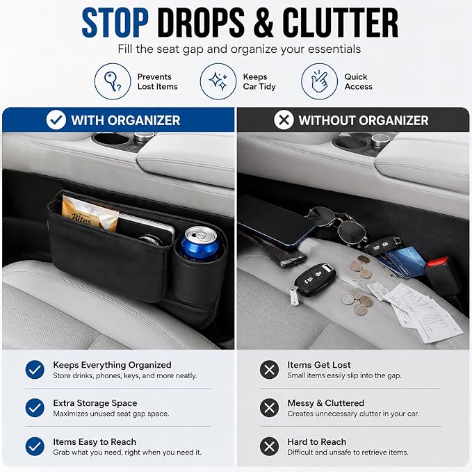 2 Pack Car Seat Gap Filler with Cup Holder – Anti-Drop Design | Universal PU Leather Seat Gap Organizer, Storage Box with Pockets & Cup Holders – Fits Most Vehicles - Image 4