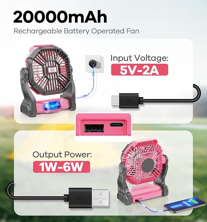 DOWILLDO 30000mAh Portable Battery Powered Camping Fan - with LED Light, Quiet Battery Operated, Camping Gear for Travel, Tent, Beach, Car or Hurricane Power Outages, Pink - Image 2