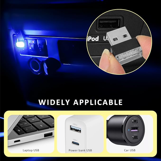 4PCS USB LED Car Interior Atmosphere Lamp, Plug-in USB Interface LED Night Lighting Decoration, Mini Portable Ambient Lights Kit Universal Interior Accessories for Most Cars (Blue) - Image 5