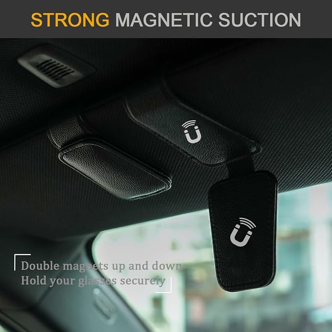 WJS 2 Packs Sunglasses Holders for Car Visor - Magnetic Leather Sunglasses Holder and Ticket Card Clip - Car Visor Accessories (Black) - Image 4