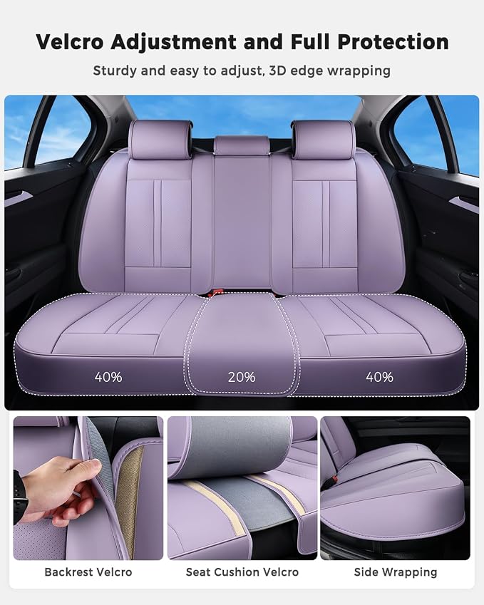 Huidasource Purple Back Seat Cover Luxury Nappa Leather, Rear Seat Cover with Velcro Adjustable, Ventilation Holes, Child Seats, Seat Covers Waterproof Universal Fit for Most Cars SUV Trucks, Purple - Image 8